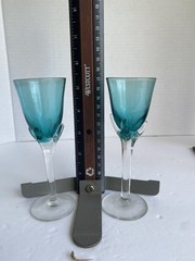 Vintage Teal Flute Glasses With Clear Tulip Stem 5 1/2 Inches Tall ￼