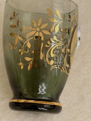 Vtg Venetian Green Decanter 6 Cordial Glasses 24K Gold trim Hand painted Flowers