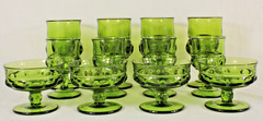 Set Of 12 Mixed Size Avocado Green Indiana Kings Crown Thumbprint Goblets