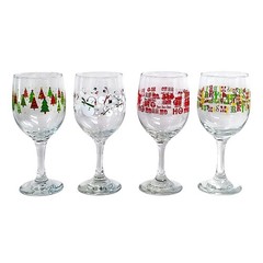 Set of 4 Vintage Enameled Festive Fun Christmas Wine Glasses 7″