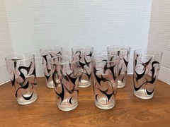 7 MCM Libbey Glass 5″ Seville 12 oz Tumblers Triangle Pink Black Gold Barware