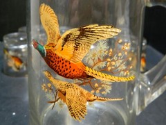 Vintage (9) Piece Virginia Glass Pheasant Old Fashioned Pitcher Set Excellent