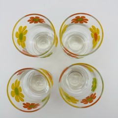 LIBBEY Stickers Flower Power Juice Glass Footed Tumblers 6oz MCM Retro Set~4