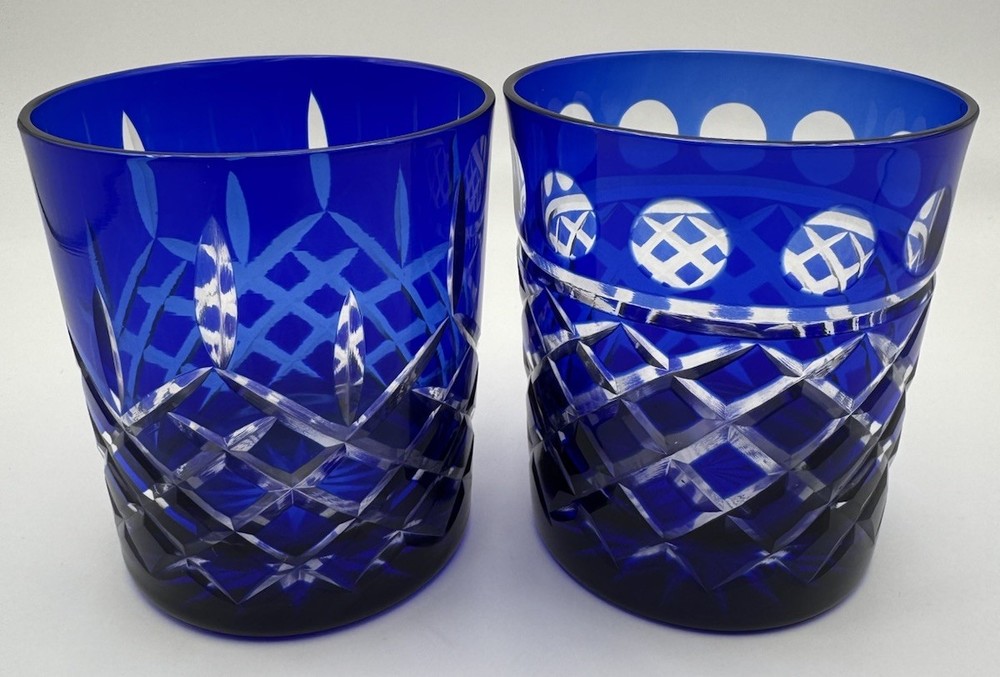 Pair Cobalt Blue Cut to Clear Crystal Tumblers Baccarat Style Lattice Vintage