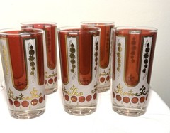 Set 5- 1960’s Cora Glass Cranberry Gold Fleur de Lis Tumblers Highball Glasses