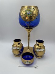 Italian Gold Gilt Set Wine Glass Salt Cellar & Spoon 2 Small Vases Hand Painted