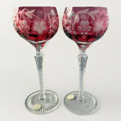 2 Vtg Crystal Clear Industries Cranberry Cut To Clear Wine Hock Glasses Hungary