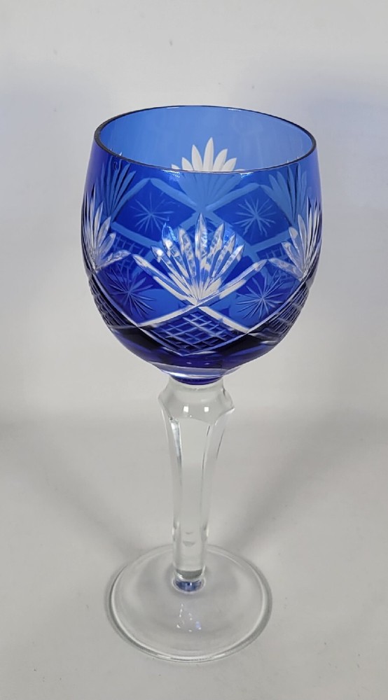 Cobalt Blue Cut To Clear 5.5″ Tall Glass Goblet Diamond And Fan Star Cut