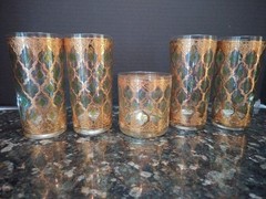 Culver Vintage 22k Gold Valencia Glasses Complete Set Of 4 + 1 MCM 1960s Signed