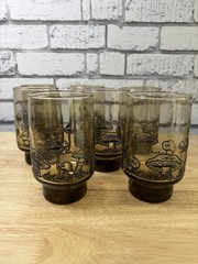Vintage Libby Smoke Brown Raised Embossed Mushroom Glass Tumblers Set of 7 Merry