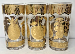 3 VINTAGE MCM CULVER 22K GOLD FLORENTINO FRUIT HIGHBALL GLASSES-5.5”