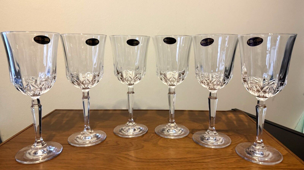 (6) 8 Ounce DePLOMB~DePLOMO USA 24% Lead Cut Crystal 8″ Pedestal GOBLETS – NEW