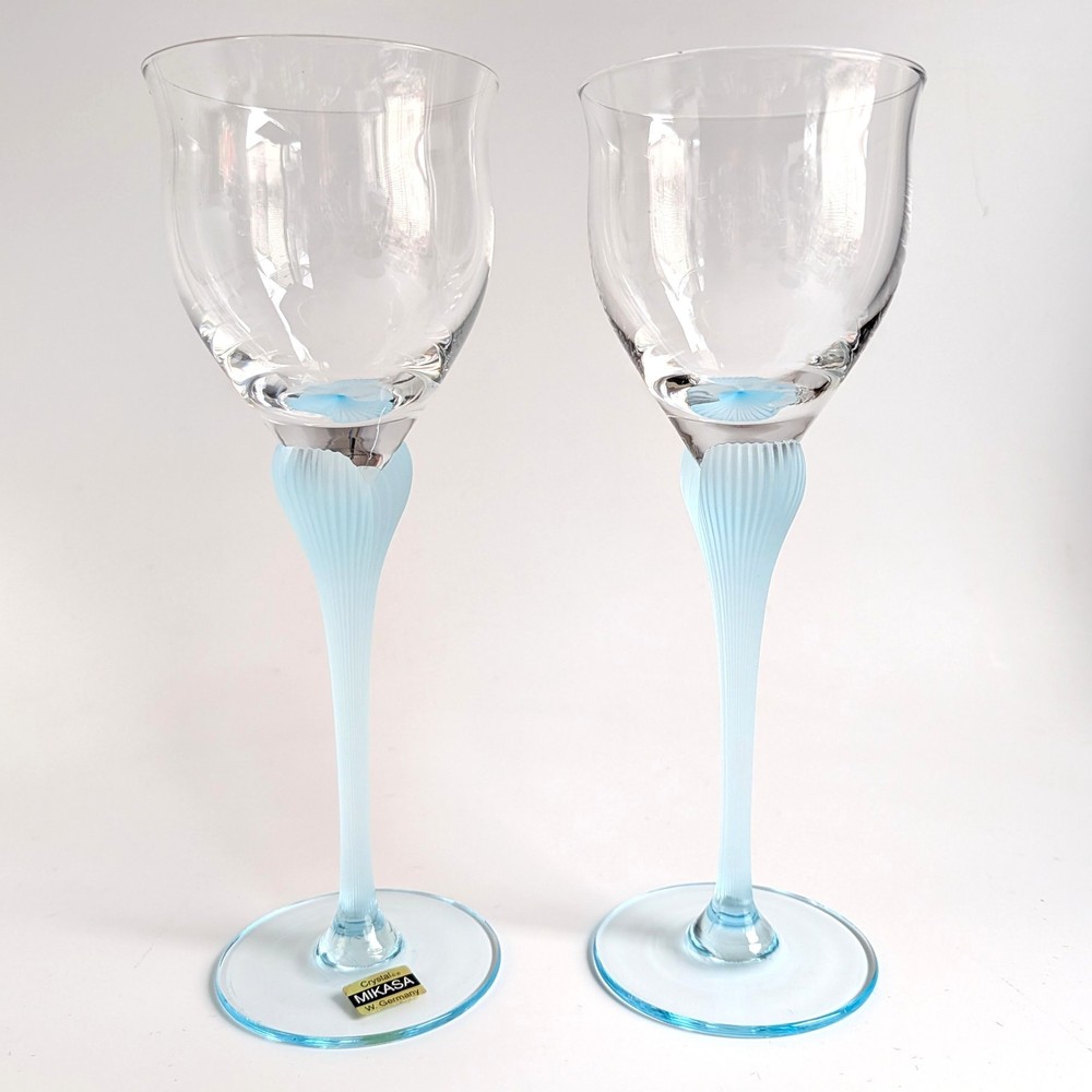 Pair Mikasa – Sea Mist -Turquoise Water Goblets 9.25″ Blue Stemware Germany 1987