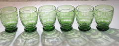 RARE!! Bohemian Green Cut to Clear Glass Low Ball Rocks Whiskey Tumbler Set of 6