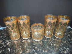 Culver Vintage 22k Gold Valencia Glasses Complete Set Of 4 + 1 MCM 1960s Signed