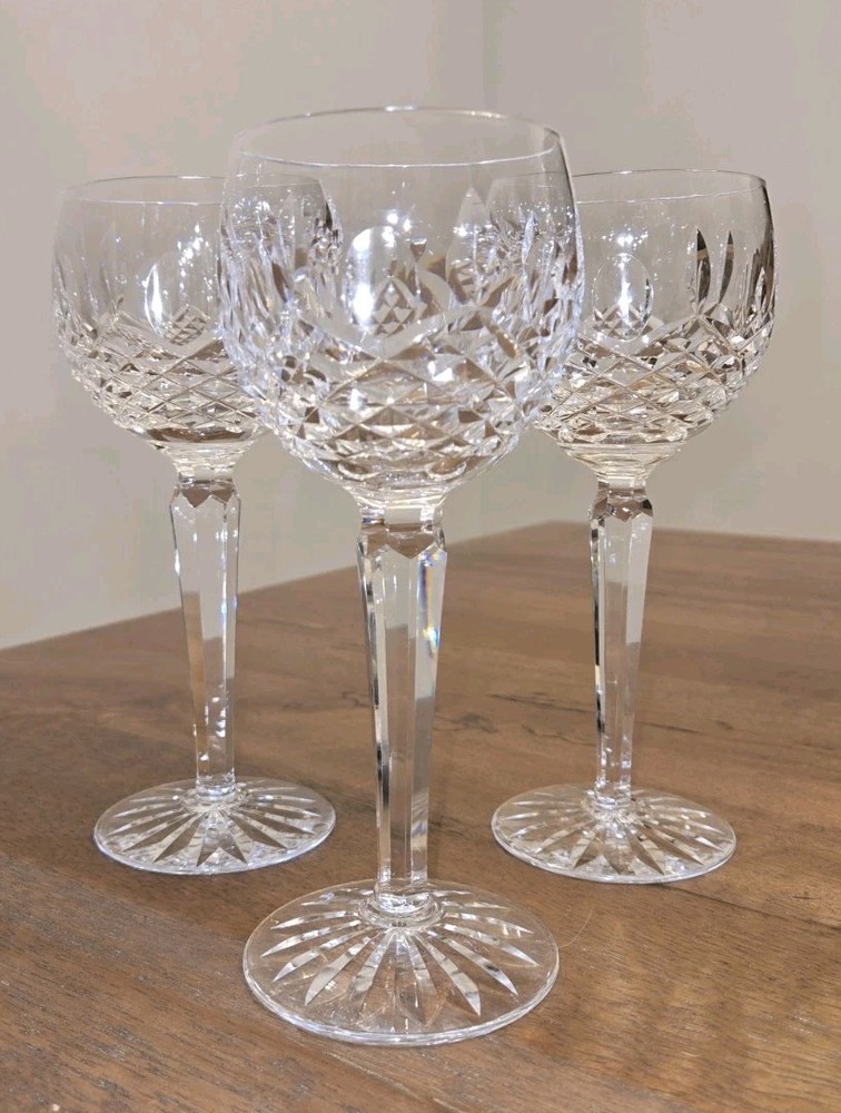 Set of 3 Waterford Crystal Kenmare Hock Wine Glasses, 7 3/8″, Gothic Etching