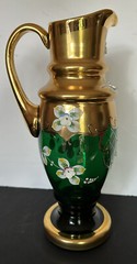 Vtg Bohemian Emerald Green 24k Gold Pained Flowers Water Pitcher & Glass Set