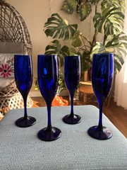 Cobalt Blue Champagne Glasses, Libbey, Deep Blue, Vintage Barware, Set of 4