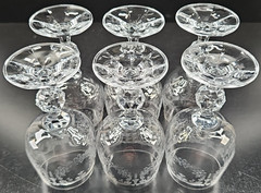6) Import Assoc Cascade Wine Glass Set Vintage Clear Etch Stemware Retro Bar Lot