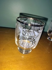 Vintage MCM Set of 4 Silver Ornate Rocks Old Fashion Bar Glasses Set Scroll Ship