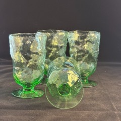 Morgantown Glass Crinkle Shamrock Green Footed Pedestal Water Goblet Set of 4