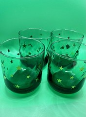 4 Vintage 90s Anchor Hocking Emerald Green Glasses Gold Star Swirl Celestial EUC
