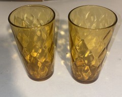 2 Vintage Anchor Hocking Honeycomb Optic Diamond Gemstone Amber Tumblers 70s