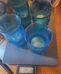 Set of 8 Vintage Anchor Hocking Blue Daisy Pattern Juice Glasses EUC 3 x3 in.