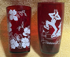 2 Vintage Anchor Hocking Ruby Red Glasses – White Dogwoods & Square Dance Glass