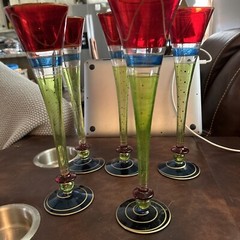 5 Pier 1 Champagne Glasses Flutes Red Green Blue 10 3/4″ Festive Harlequin