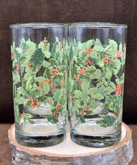 4 Vintage LIBBEY Holiday Green Holly Cooler Glasses Tumblers 14 Oz 6” NICE!