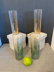Vintage Iridescent Ombre Ice Tea Glasses – Green & Amber -Gold Rim Set – 4