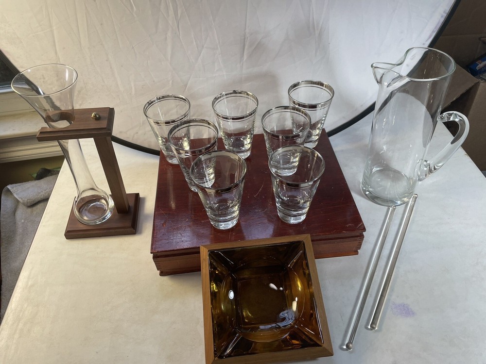 14 Piece “MAD MEN” Esque VTG Bar Accessories, 7 MCM High Ball 9oz Glasses, Etc..