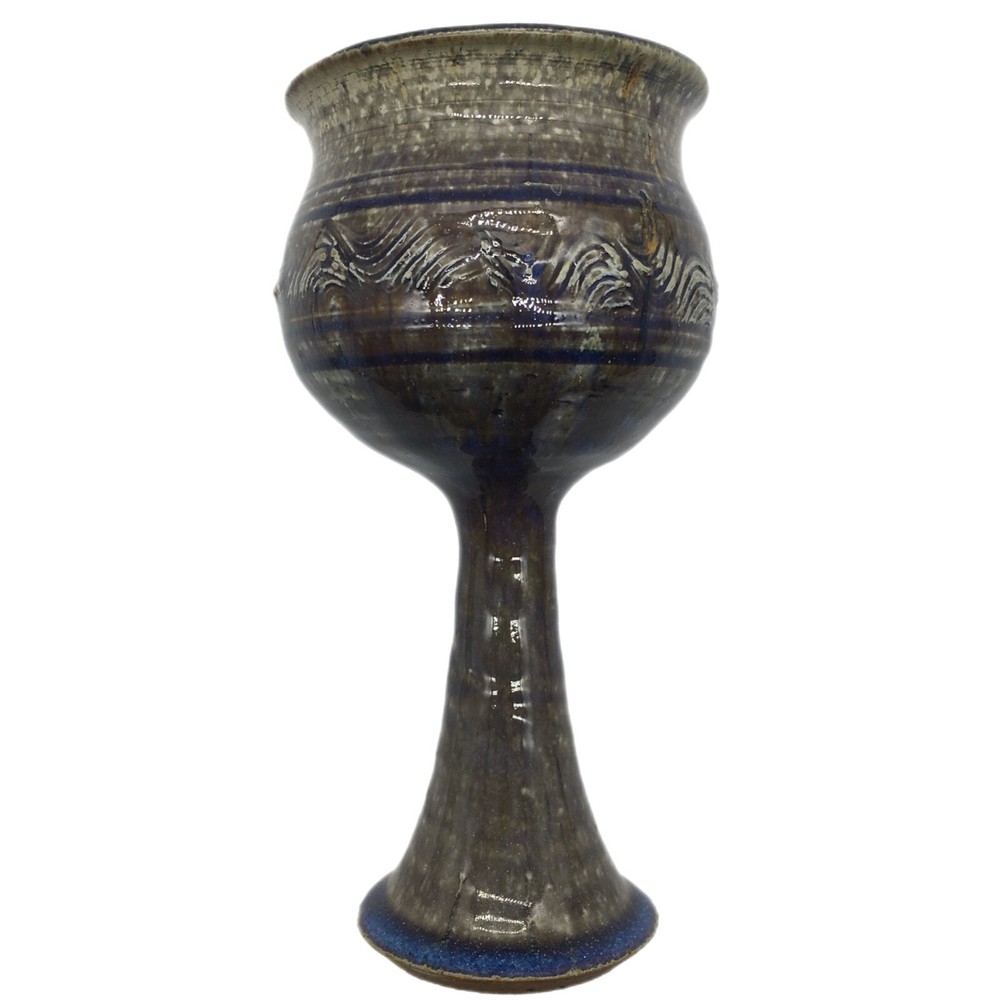 Art Pottery Goblet Hand Crafted Collectible Stoneware Wave Design Blue Accents