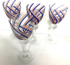 4 EASTERN Blue & Pink Striped Swirl Goblets Wine Glasses Hand Blown Stems