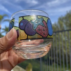 3 Vtg 70s Roly Poly Stained Glass Cocktail Glasses Berries Mid-Century Libbey 3″