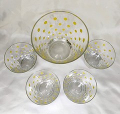 Vintage Yellow Polka Dots Ice Bucket and Four Lowball Glasses