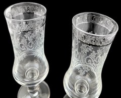 2 Murano Style Medici Etched Scrollwork Silver Trim Champagne Flute Glass Italy