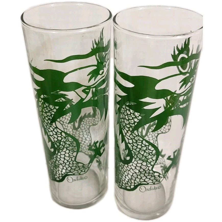 Vintage Orchids GREEN DRAGON Set TOM COLLINS Bar Glasses (2)