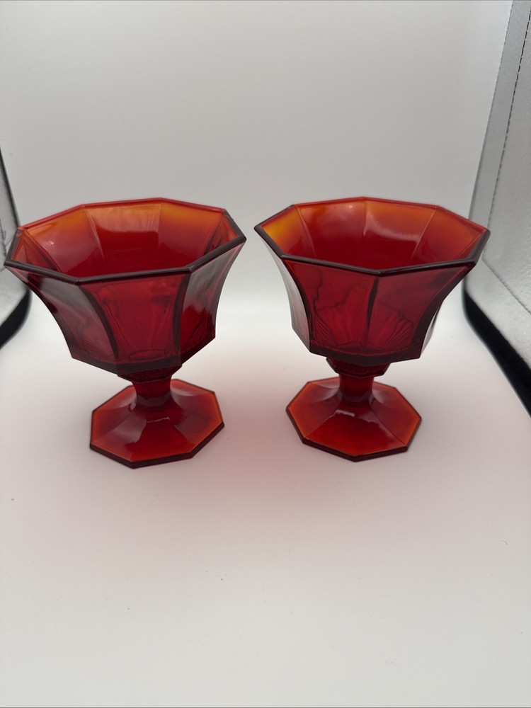 Vtg Ruby Red Alberina Octagon Juice/Wine Glasses Set Of 2