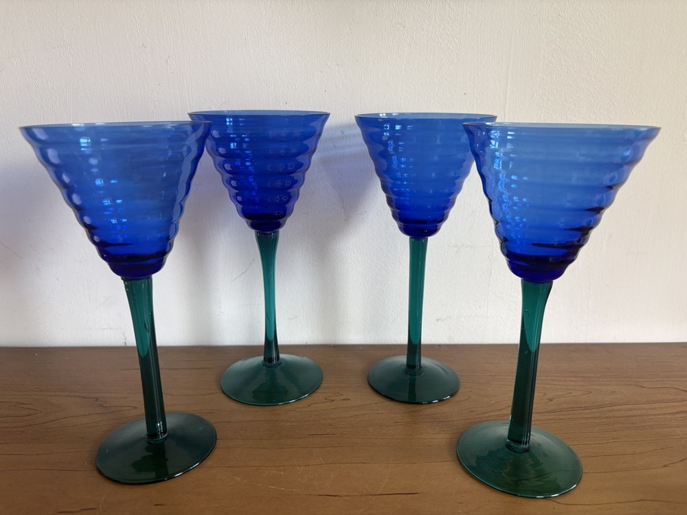 Vintage Pier 1 Cobalt Blue Teal Ripple Beehive Glasses Set Of 4