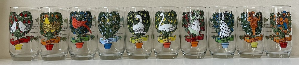 MCM Set 10 Anchor Hocking TWELVE DAYS OF CHRISTMAS Decals Tumblers 5″ EXCELLENT