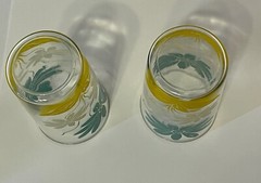 Anchor Hocking Glass Tumblers 2 Blue & White Daisy Flowers 1930-1940 4-5/8″