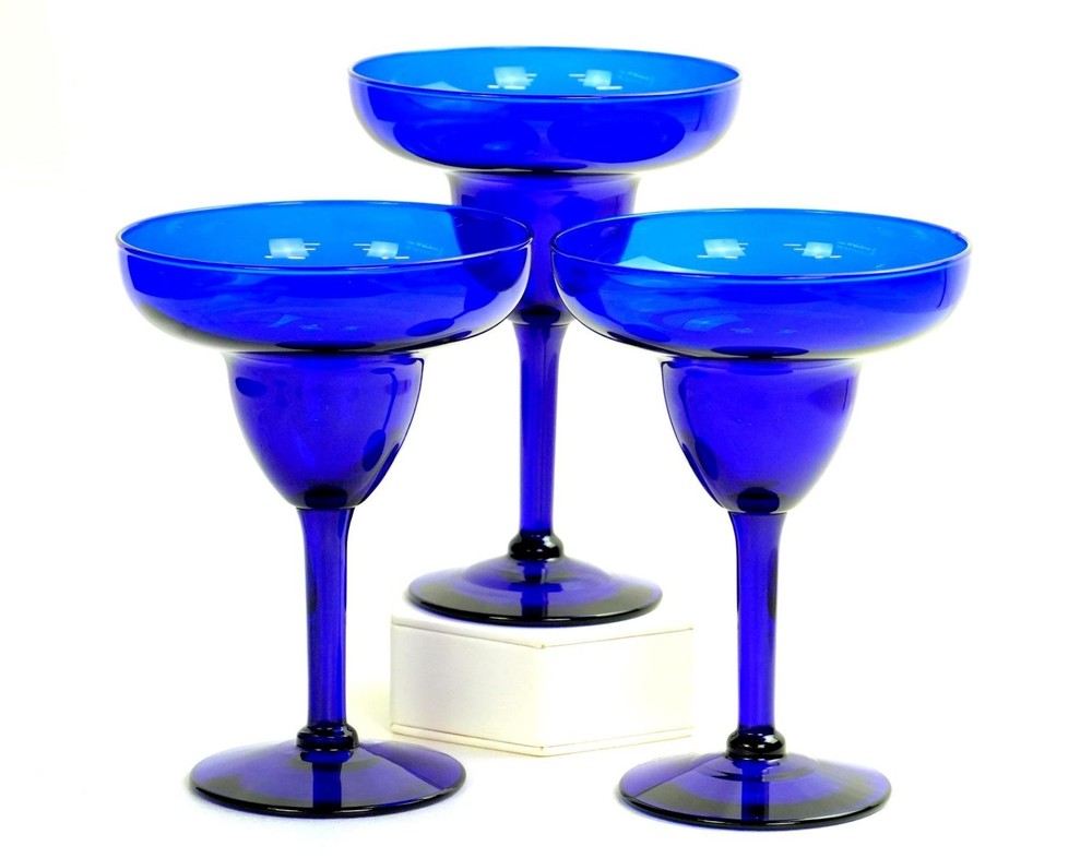 Pier 1 Cobalt Blue Glass Plain Bowl 3 Piece 6 Oz 6 1/8″ Margarita Glasses 1990s-