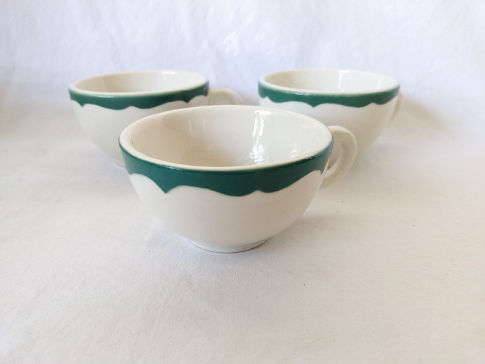 Syracuse China Restaurant Ware Green Rimmed Coffee Cup Set of 3 Wintergreen