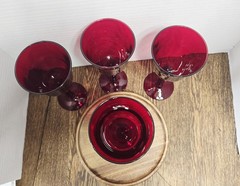 Set of 4 Ruby Red Hand Blown Wine Goblets Mid-century Stemware 8 1/2 Inches Tall