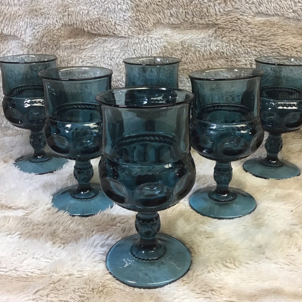 Vintage Indiana Glass Riviera Blue Kings Crown Thumbprint 5.5” 8oz SET OF 6 EUC