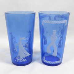 Vintage Hazel Atlas Sportsman Tumblers Fancy Sailing Ship & Sailor Blue Glass
