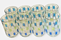 VTG MCM Libbey Juice Cocktail Glasses Nordic Pattern Blue Green Gold Set of 4
