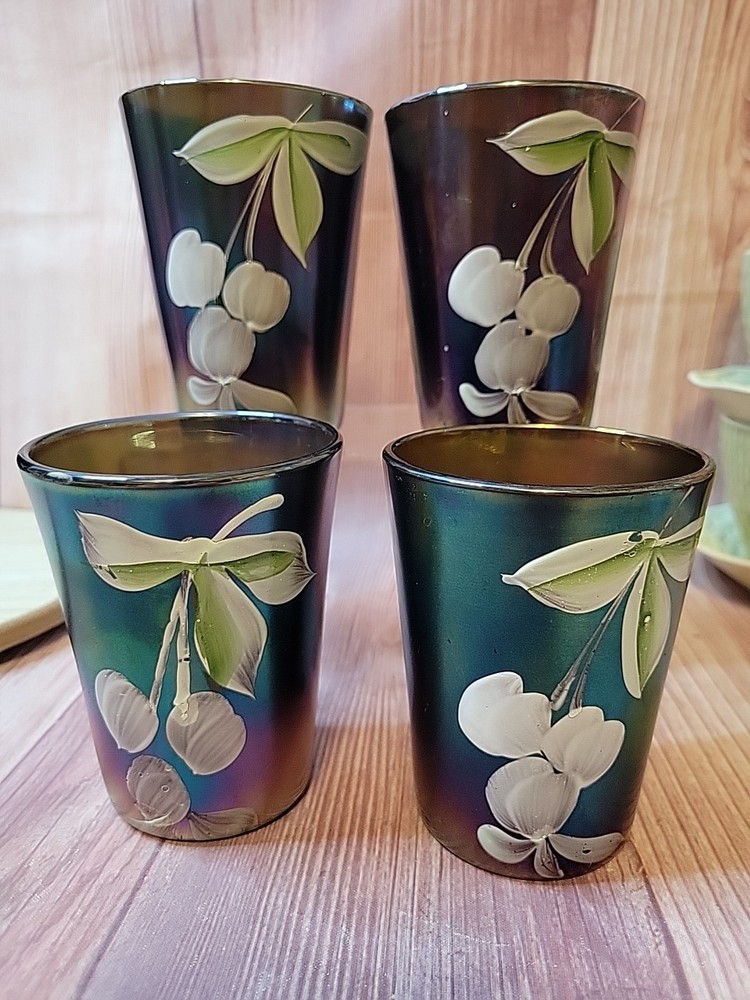 Set of 4 Northwood 3-7/8″H Marigold Carnival Glass Tumblers Enameled Flowers